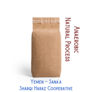 A coffee bag labeled, "Yemen coffee from Sana'a that was anaerobic natural processed by the Sharqi Haraz Cooperative."