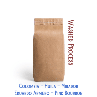 A coffee bag labeled, "Colombian grown coffee of the Pink Bourbon varietal that was washed processed and produced by Finca El Mirador."