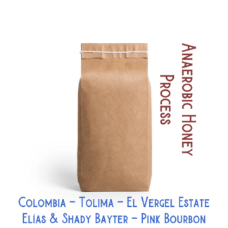 A coffee bag labeled, "Anaerobic honey process Pink Bourbon produced by Elias and Shady Bayter at their farm El Vergel Estate in Tolima Colombia"