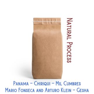 A Bag of coffee beans against a white background labeled Gesha Coffee from Panama Grown at a farm called Mil Cumbres By Mario Fonseca and Arturo Klein.