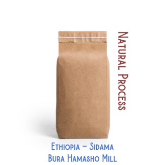 A coffee bag labeled, "Ethiopian coffee beans from the region of Sidama and were dry processed at the Bura Hamasho Mill"