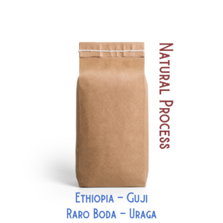 A bag of Ethiopian coffee beans labeled, "Ethiopia Guji, Raro Boda, Uraga, Dry Natural Process coffee" is pictured against a white background.