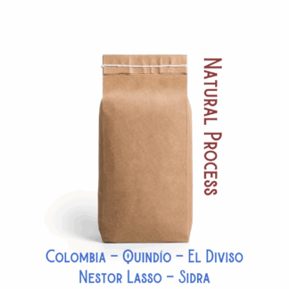 A bag of coffee labeled, "Natural process sidra coffee from Quindio, Colombia produced by Nestor Lasso at a farm called El Diviso."