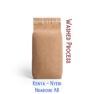 A coffee bag labeled, "Kenyan coffee from Nyeri that was washed processed by the Ndaroini Factory."