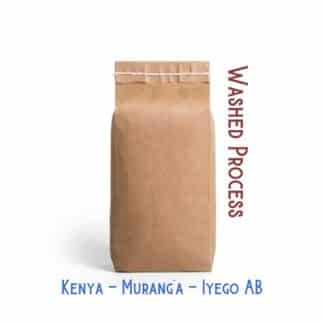 A bag of coffee is labeled, "Washed Process SL28 and SL34 grown by the Iyego Farmers Cooperative Society in Murang'a, Kenya"