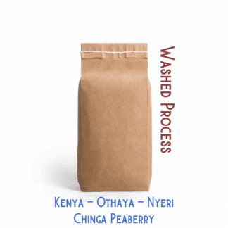 A Bag of coffee beans against a white background labeled , "washed peaberry coffee from Kenya that is grown in nyeri and milled at the Chinga mill operated by the Othaya Farmers Cooperative.
