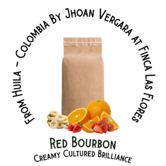 A coffee bag labeled, "Colombian coffee from Qundio that was natural processed by Jhoan Vargera at his farm Finca Los Flores."
